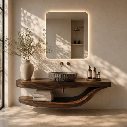Sculpted Natural Solid Wood Floating Bathroom Vanity With Curved Shelf - ArborisWood - 3