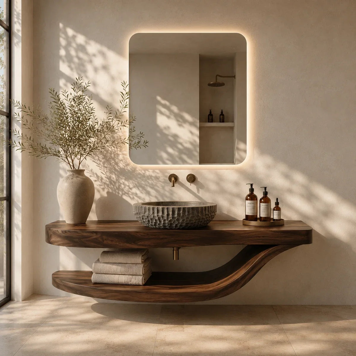 Sculpted Natural Solid Wood Floating Bathroom Vanity With Curved Shelf - Arboriswood - 3