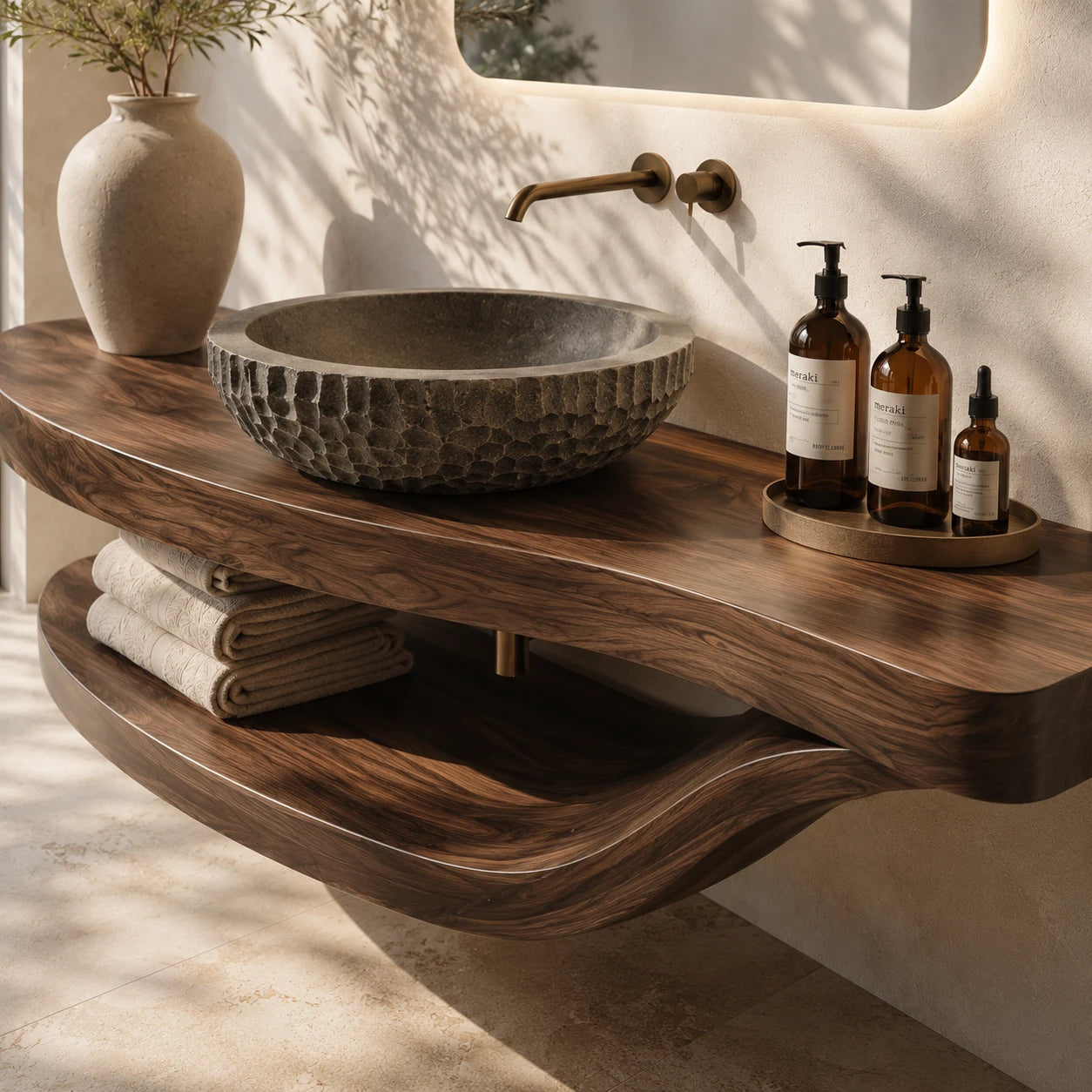 Sculpted Natural Solid Wood Floating Bathroom Vanity With Curved Shelf - ArborisWood - 4