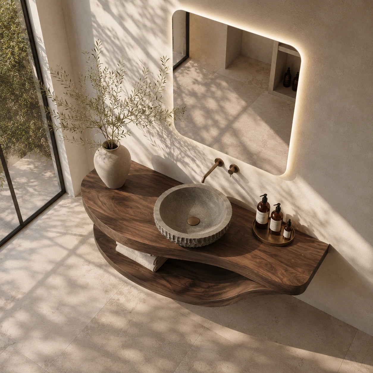 Sculpted Natural Solid Wood Floating Bathroom Vanity With Curved Shelf - ArborisWood - 5