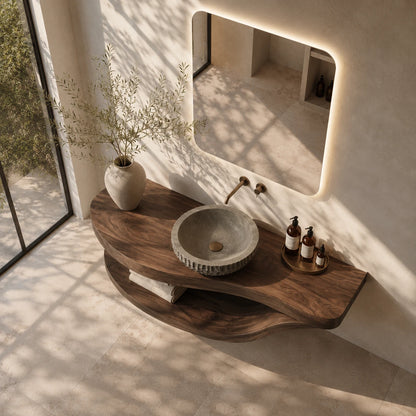 Sculpted Natural Solid Wood Floating Bathroom Vanity With Curved Shelf - ArborisWood - 5