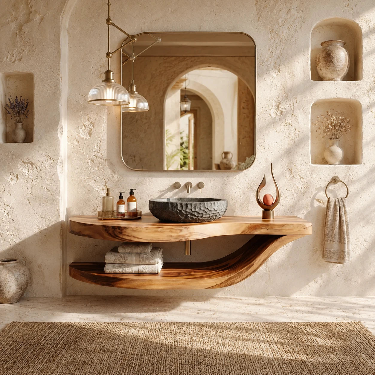 Sculpted Natural Solid Wood Floating Bathroom Vanity With Curved Shelf - ArborisWood - 6