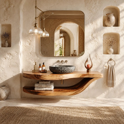 Sculpted Natural Solid Wood Floating Bathroom Vanity With Curved Shelf - ArborisWood - 6