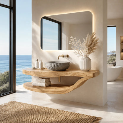 Sculpted Natural Solid Wood Floating Bathroom Vanity With Curved Shelf - ArborisWood - 7