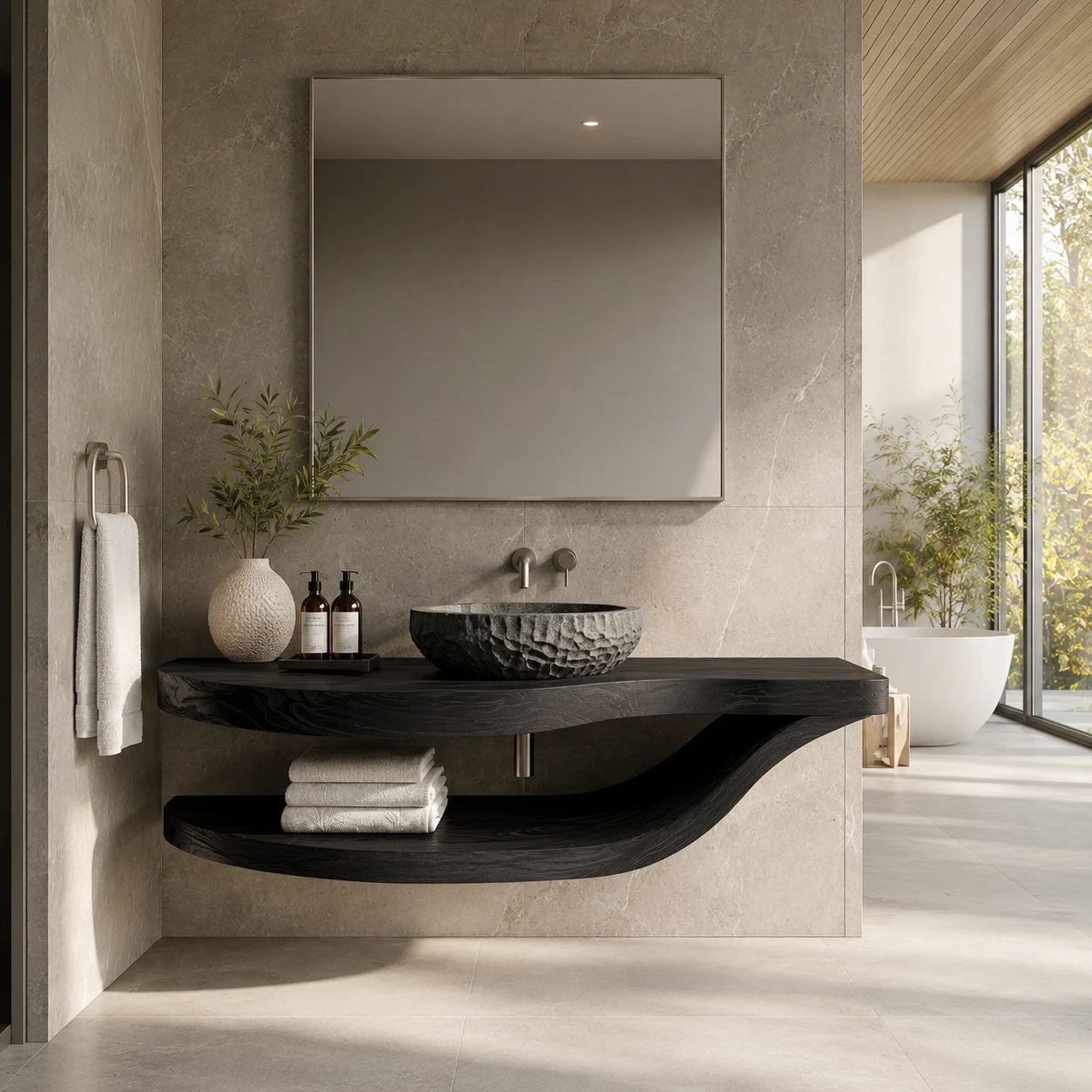 Sculpted Natural Solid Wood Floating Bathroom Vanity With Curved Shelf - ArborisWood - 8