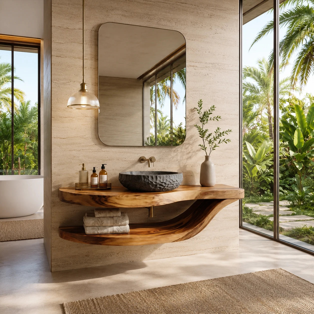 Sculpted Natural Solid Wood Floating Bathroom Vanity With Curved Shelf - ArborisWood - 9