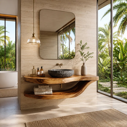 Sculpted Natural Solid Wood Floating Bathroom Vanity With Curved Shelf - ArborisWood - 9