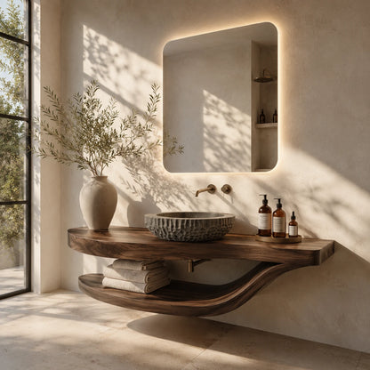 Sculpted Natural Solid Wood Floating Bathroom Vanity With Curved Shelf - ArborisWood