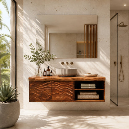Sculpted Natural Solid Wood Floating Vanity With Two Doors and Open Shelves - ArborisWood - 10