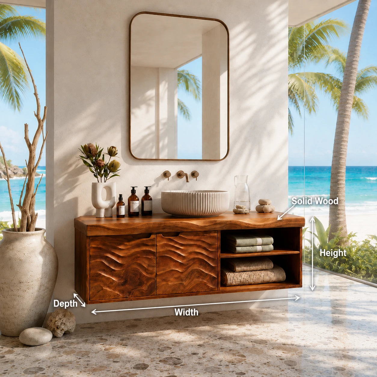 Sculpted Natural Solid Wood Floating Vanity With Two Doors and Open Shelves - ArborisWood - 11