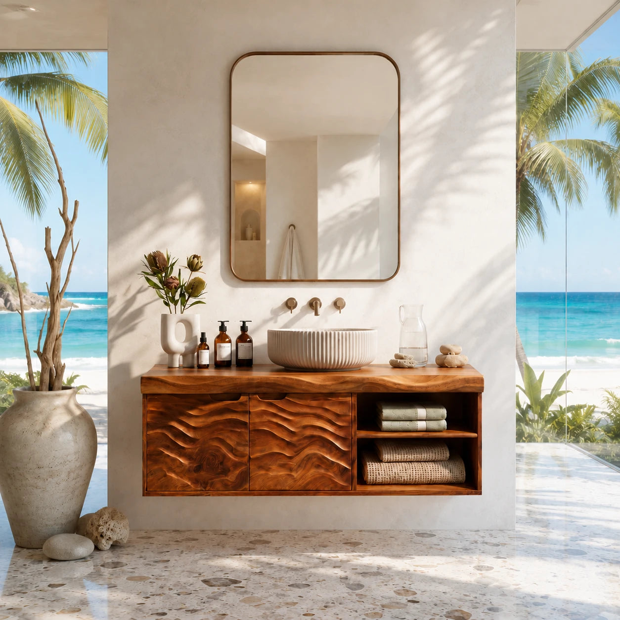Sculpted Natural Solid Wood Floating Vanity With Two Doors and Open Shelves - ArborisWood - 12