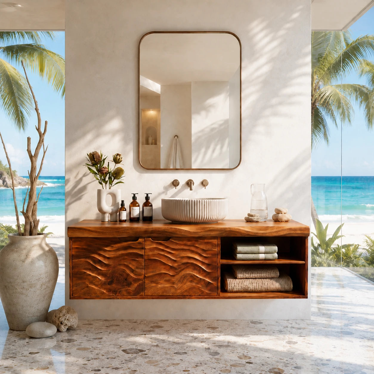 Sculpted Natural Solid Wood Floating Vanity With Two Doors and Open Shelves - ArborisWood - 13