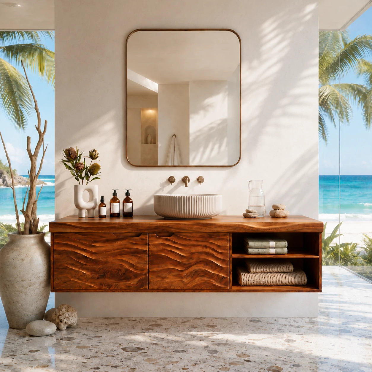 Sculpted Natural Solid Wood Floating Vanity With Two Doors and Open Shelves - ArborisWood - 14