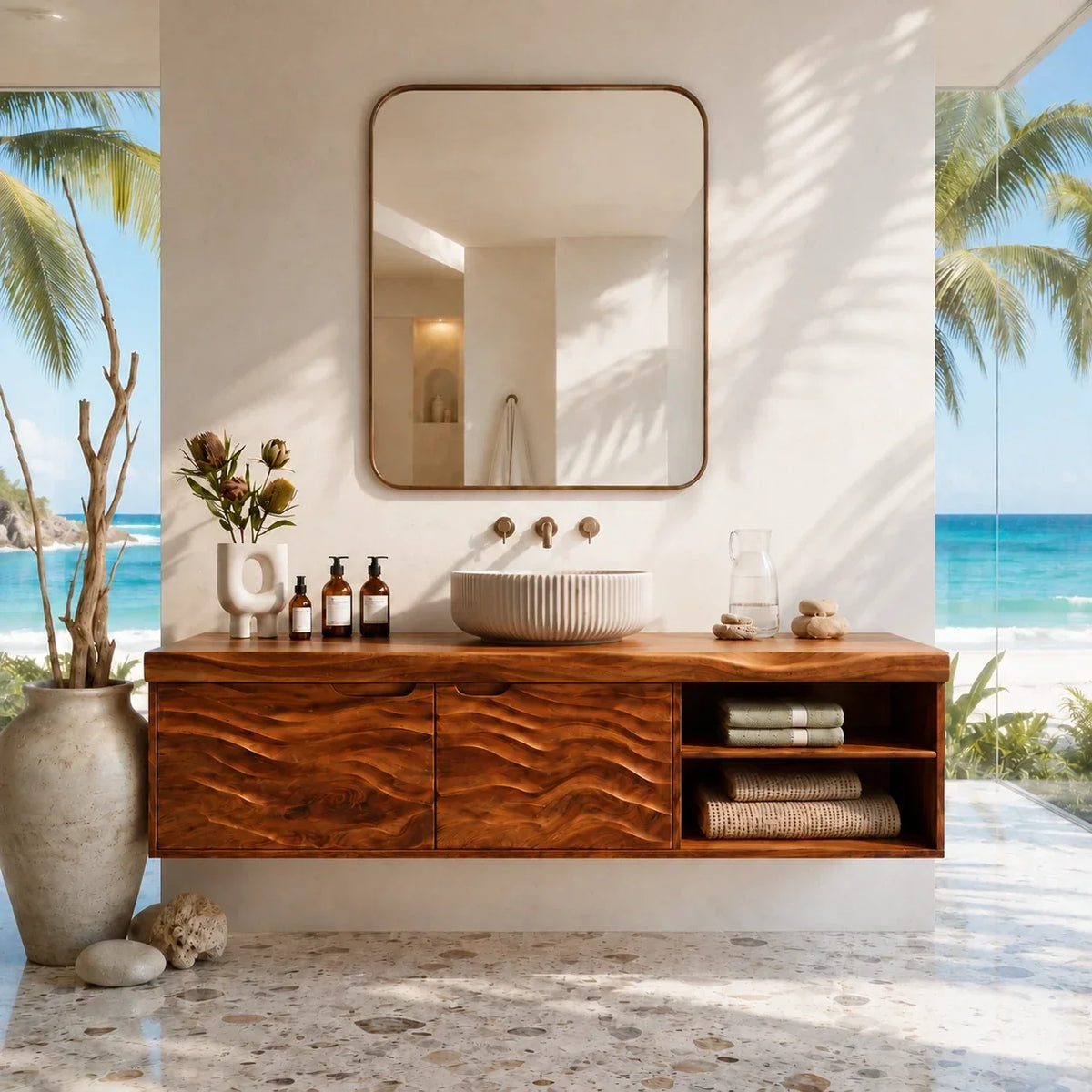 Sculpted Natural Solid Wood Floating Vanity With Two Doors and Open Shelves - Arboriswood - 14