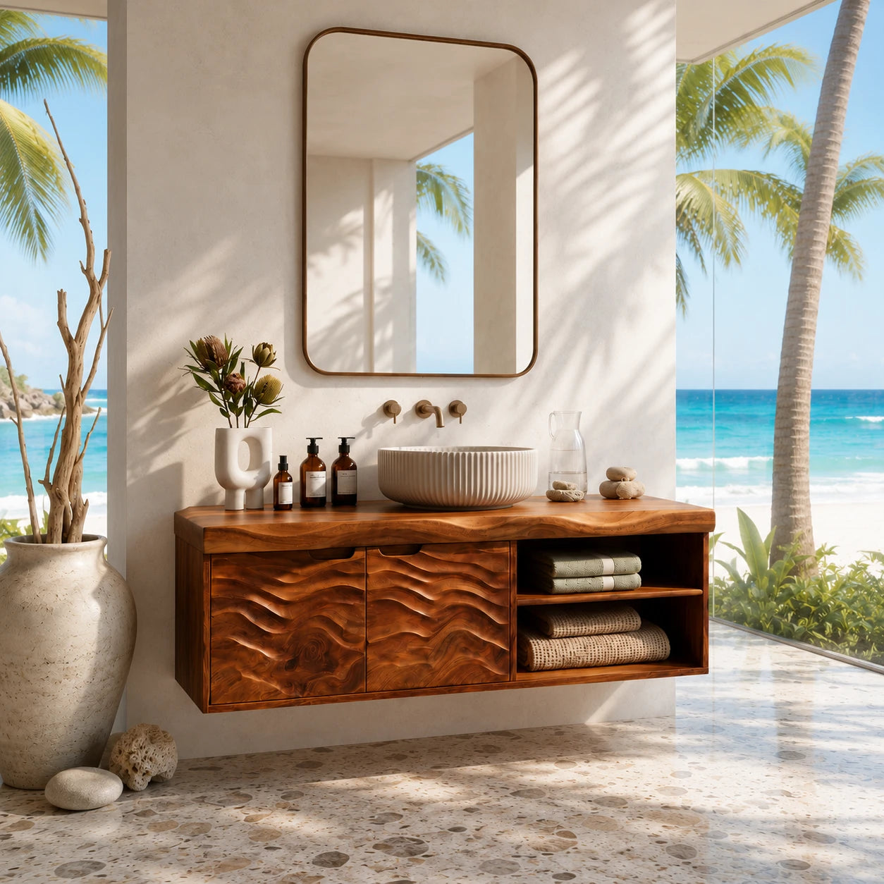 Sculpted Natural Solid Wood Floating Vanity With Two Doors and Open Shelves - ArborisWood - 3