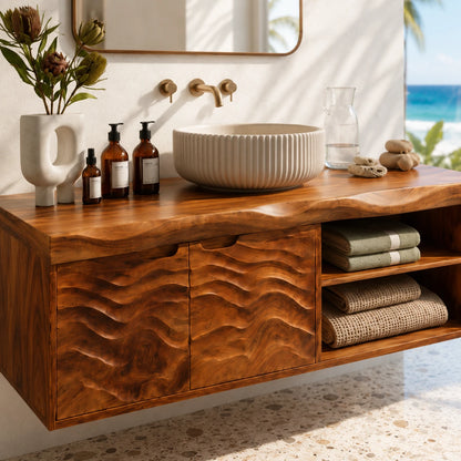 Sculpted Natural Solid Wood Floating Vanity With Two Doors and Open Shelves - ArborisWood - 4