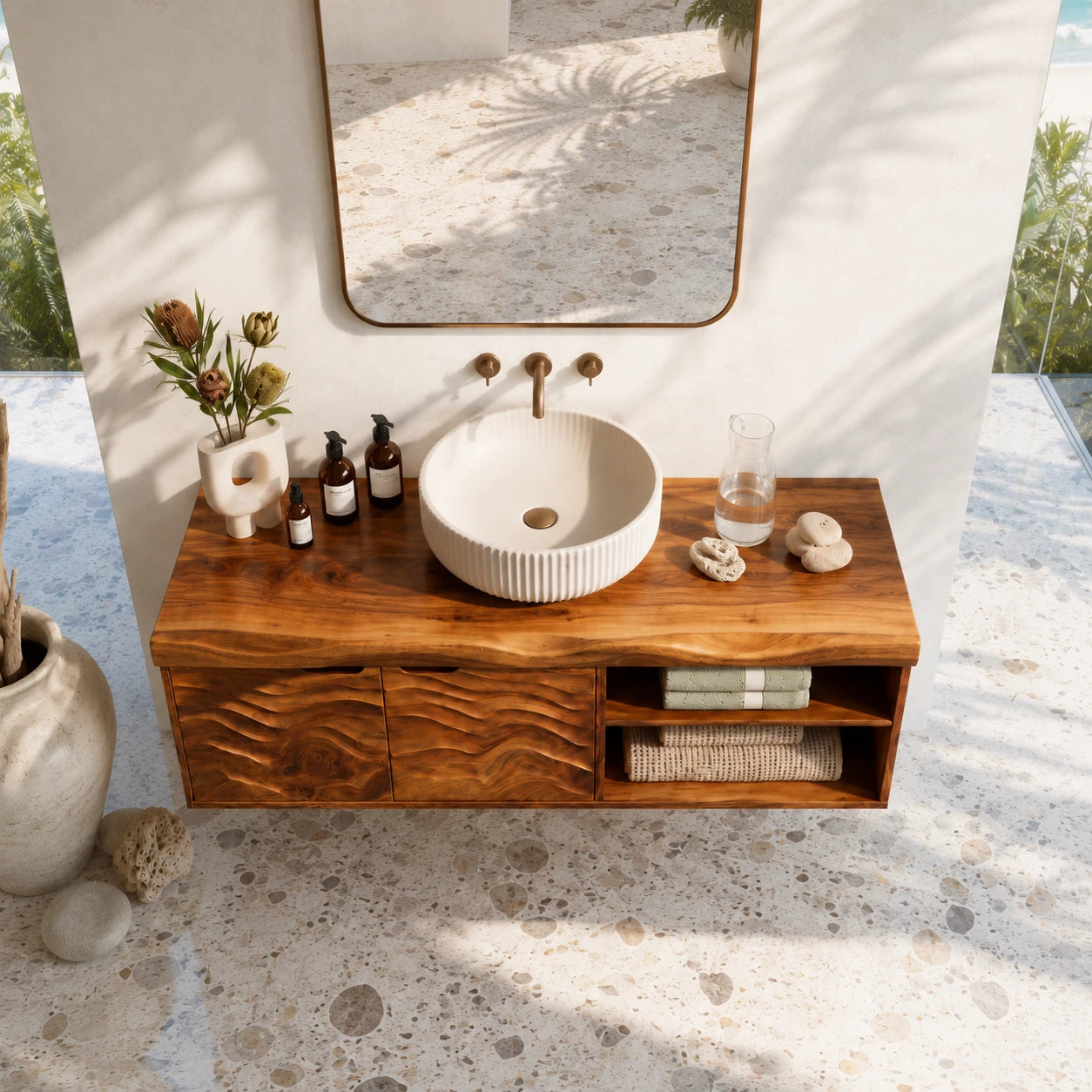 Sculpted Natural Solid Wood Floating Vanity With Two Doors and Open Shelves - ArborisWood - 5