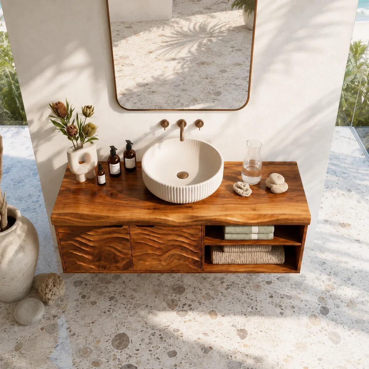 Sculpted Natural Solid Wood Floating Vanity With Two Doors and Open Shelves - Arboriswood - 5