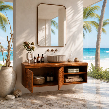 Sculpted Natural Solid Wood Floating Vanity With Two Doors and Open Shelves - ArborisWood - 6