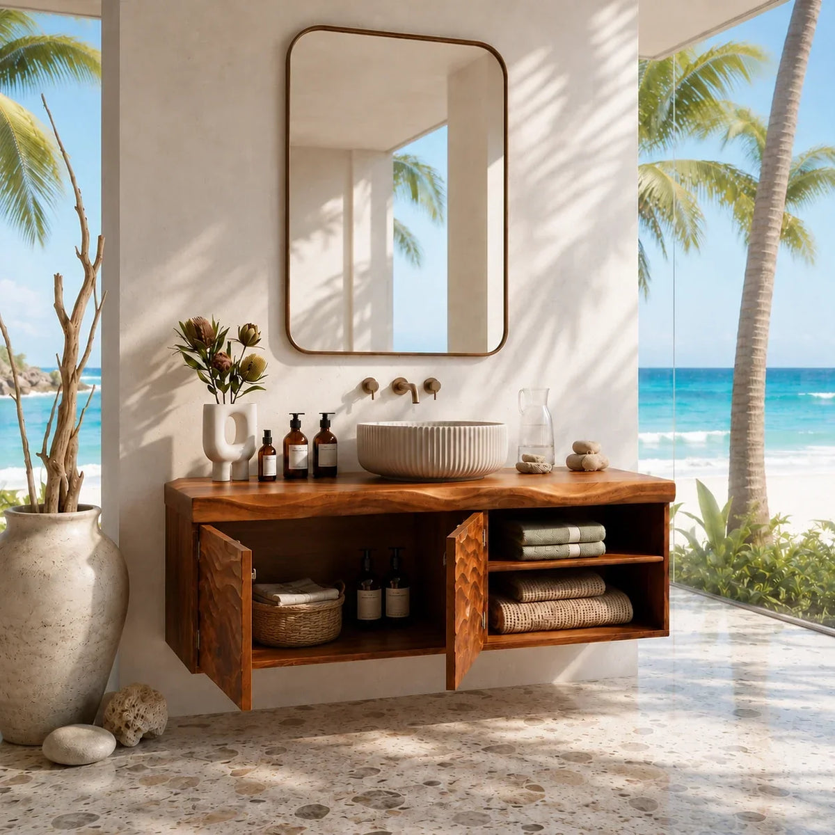 Sculpted Natural Solid Wood Floating Vanity With Two Doors and Open Shelves - Arboriswood - 6