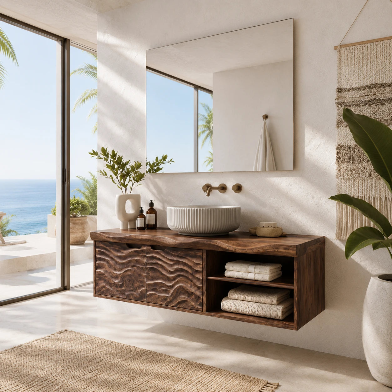 Sculpted Natural Solid Wood Floating Vanity With Two Doors and Open Shelves - ArborisWood - 7