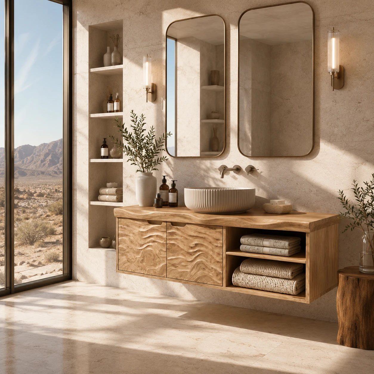 Sculpted Natural Solid Wood Floating Vanity With Two Doors and Open Shelves - ArborisWood - 8
