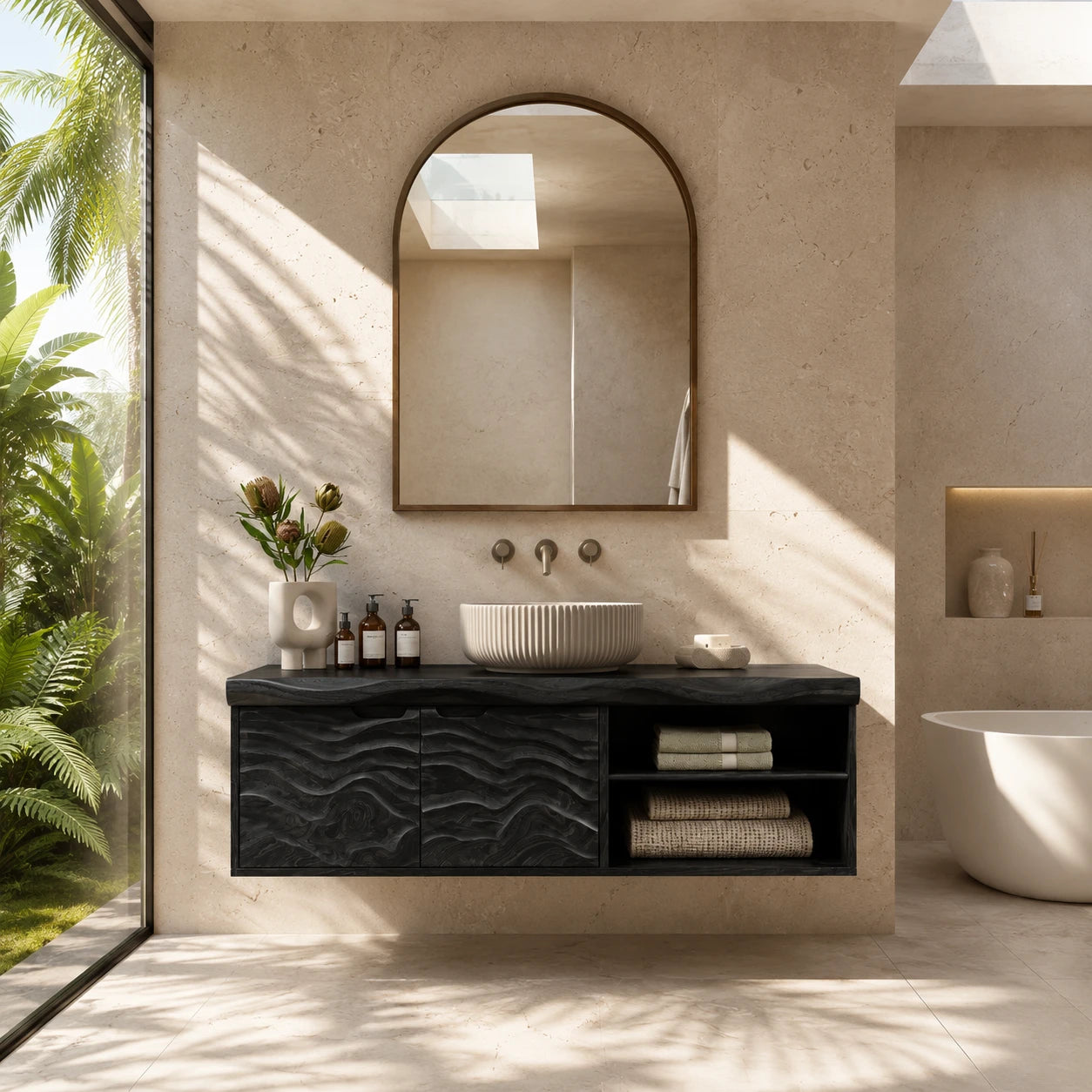 Sculpted Natural Solid Wood Floating Vanity With Two Doors and Open Shelves - ArborisWood - 9