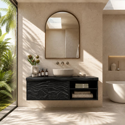 Sculpted Natural Solid Wood Floating Vanity With Two Doors and Open Shelves - ArborisWood - 9