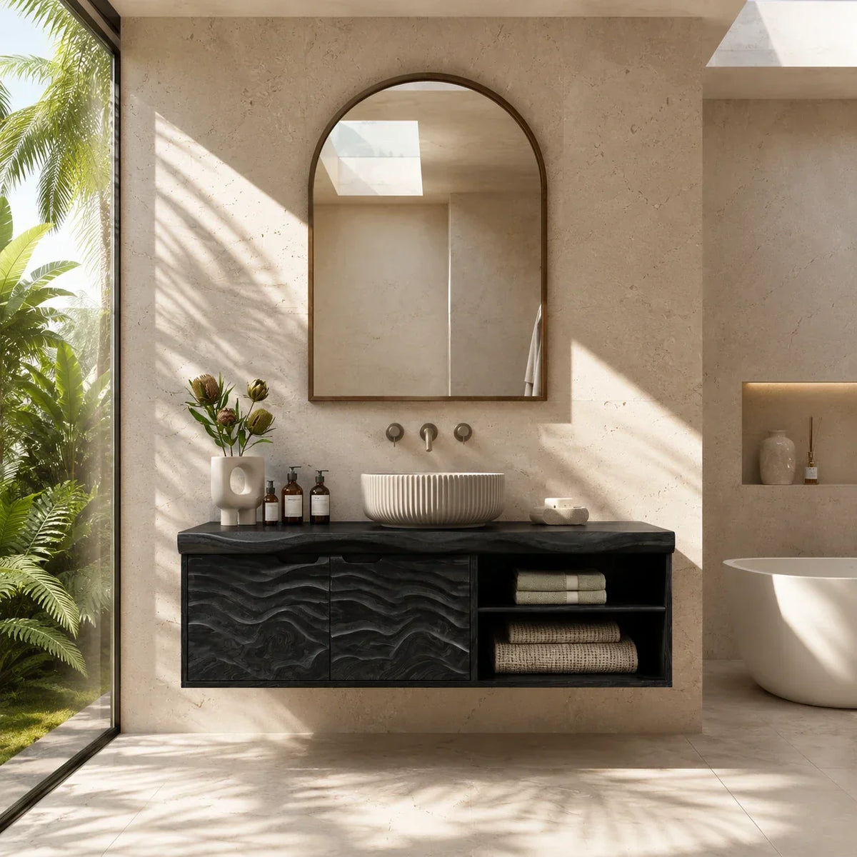 Sculpted Natural Solid Wood Floating Vanity With Two Doors and Open Shelves - Arboriswood - 9
