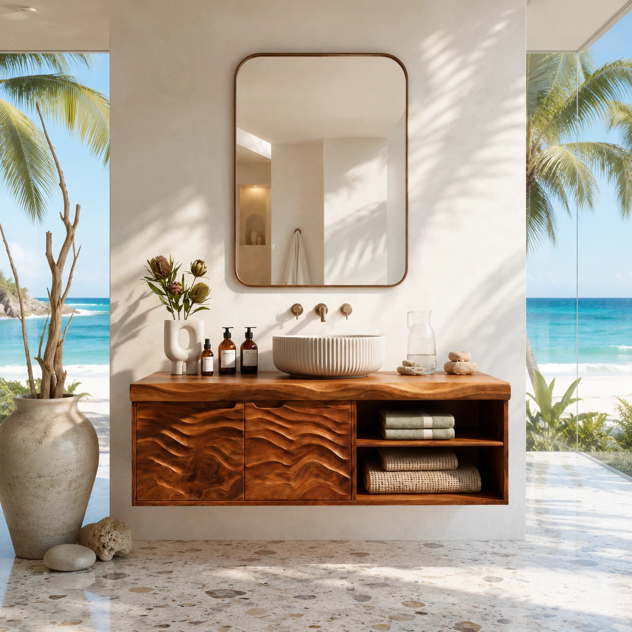 Sculpted Natural Solid Wood Floating Vanity With Two Doors and Open Shelves - ArborisWood