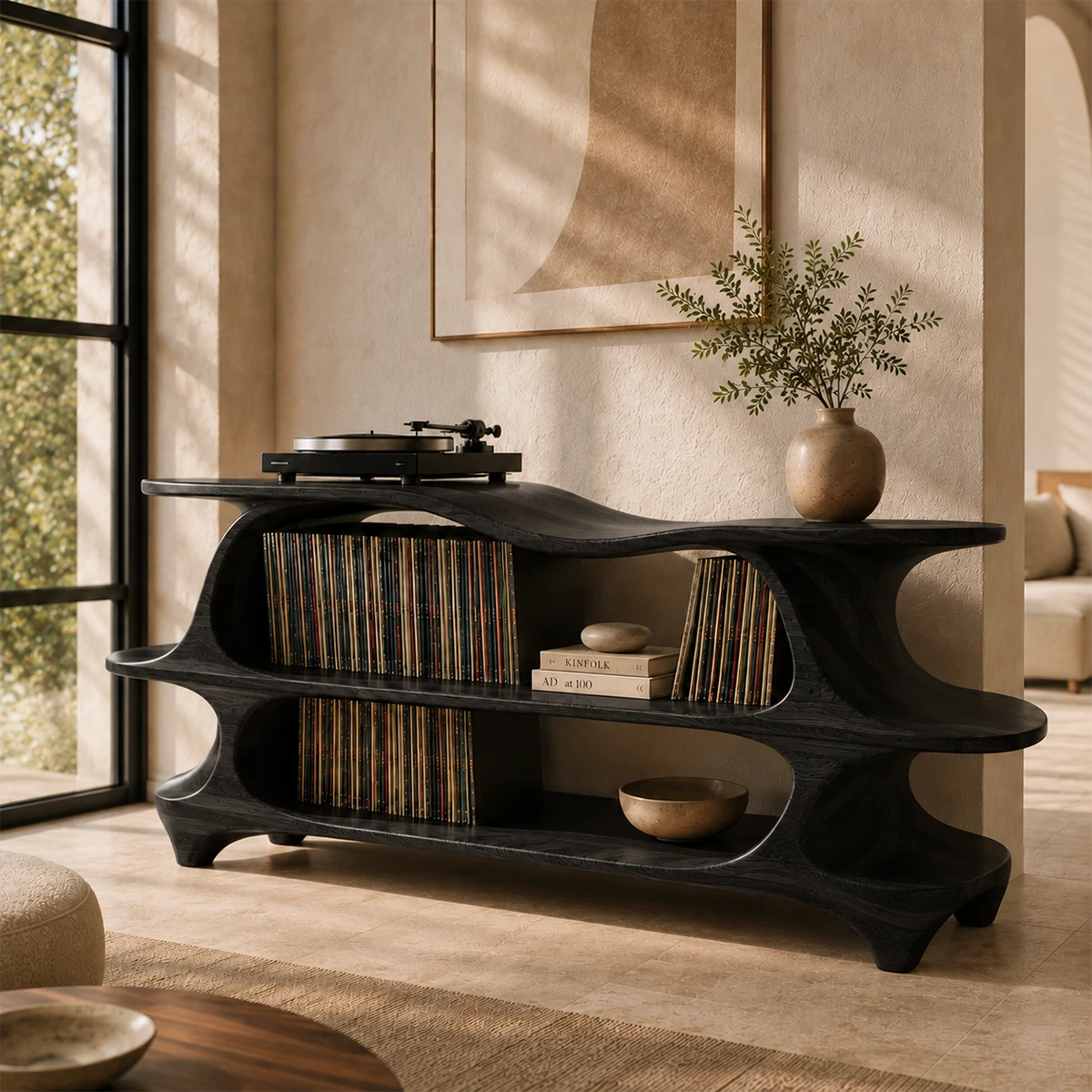Sculpted Natural Solid Wood Record Player Stand With Flowing Open Shelves - ArborisWood - 10