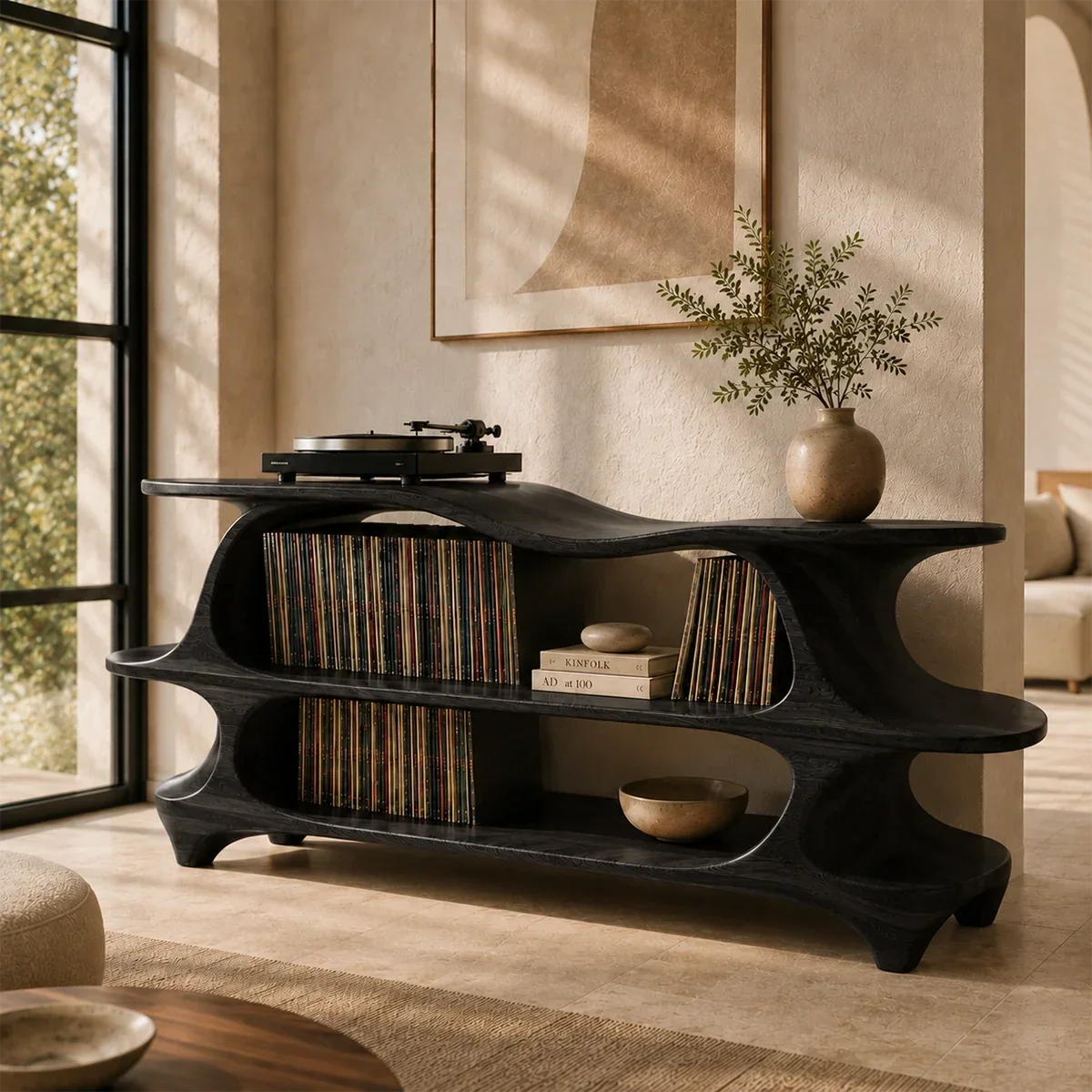 Sculpted Natural Solid Wood Record Player Stand With Flowing Open Shelves - Arboriswood - 10