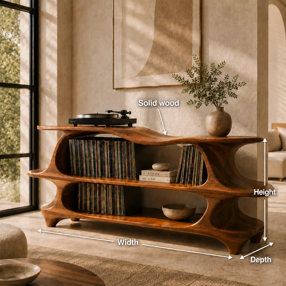 Sculpted Natural Solid Wood Record Player Stand With Flowing Open Shelves - ArborisWood - 11
