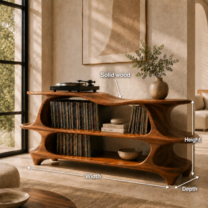 Sculpted Natural Solid Wood Record Player Stand With Flowing Open Shelves - ArborisWood - 11