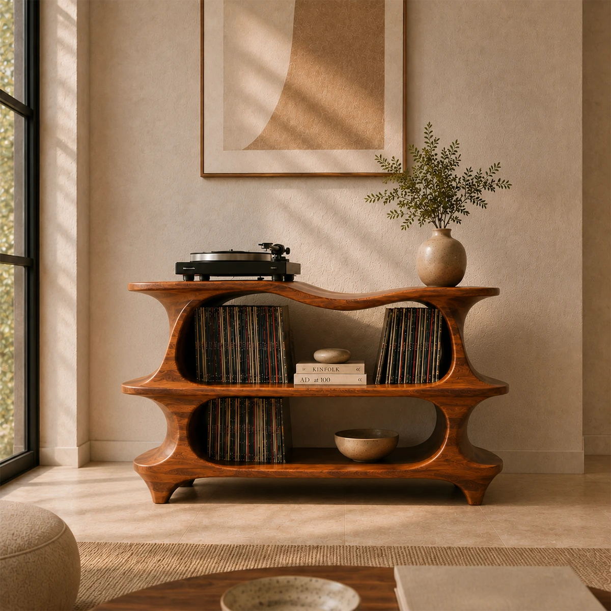 Sculpted Natural Solid Wood Record Player Stand With Flowing Open Shelves - ArborisWood - 12