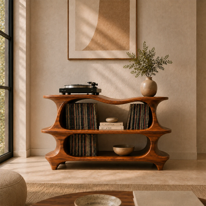 Sculpted Natural Solid Wood Record Player Stand With Flowing Open Shelves - ArborisWood - 12