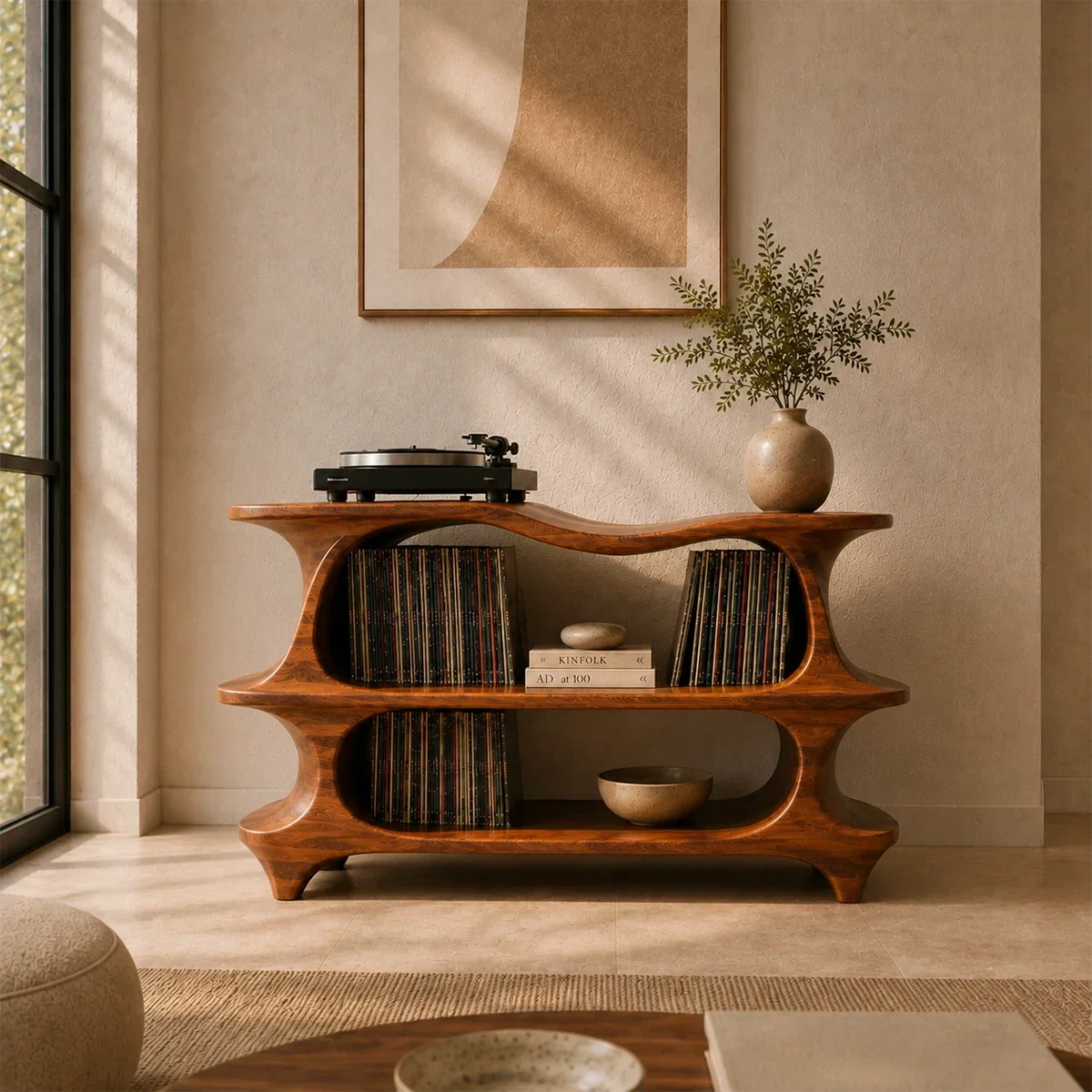 Sculpted Natural Solid Wood Record Player Stand With Flowing Open Shelves - Arboriswood - 12