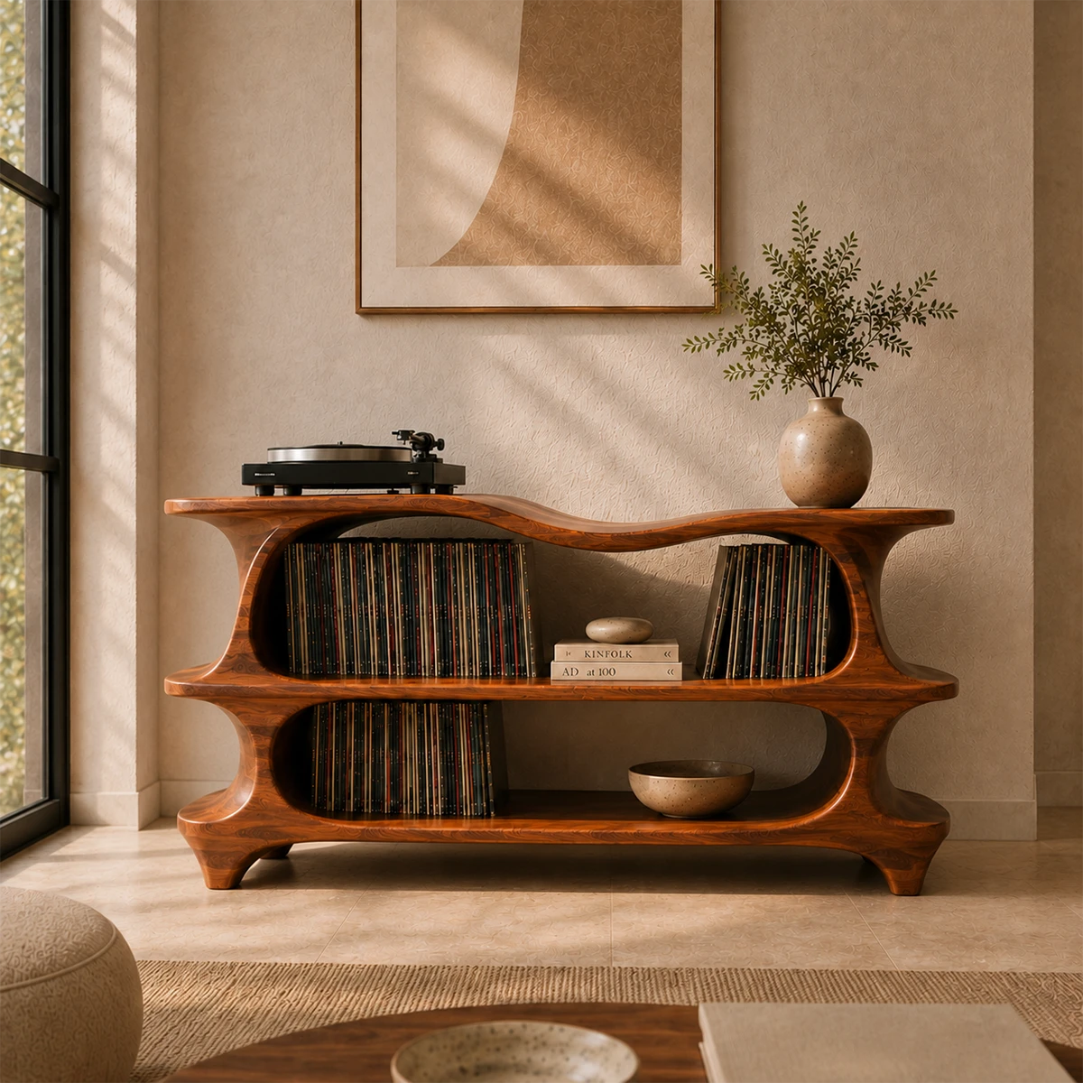 Sculpted Natural Solid Wood Record Player Stand With Flowing Open Shelves - ArborisWood - 13
