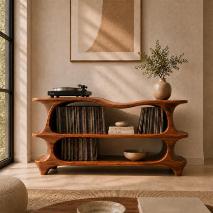 Sculpted Natural Solid Wood Record Player Stand With Flowing Open Shelves - ArborisWood - 13