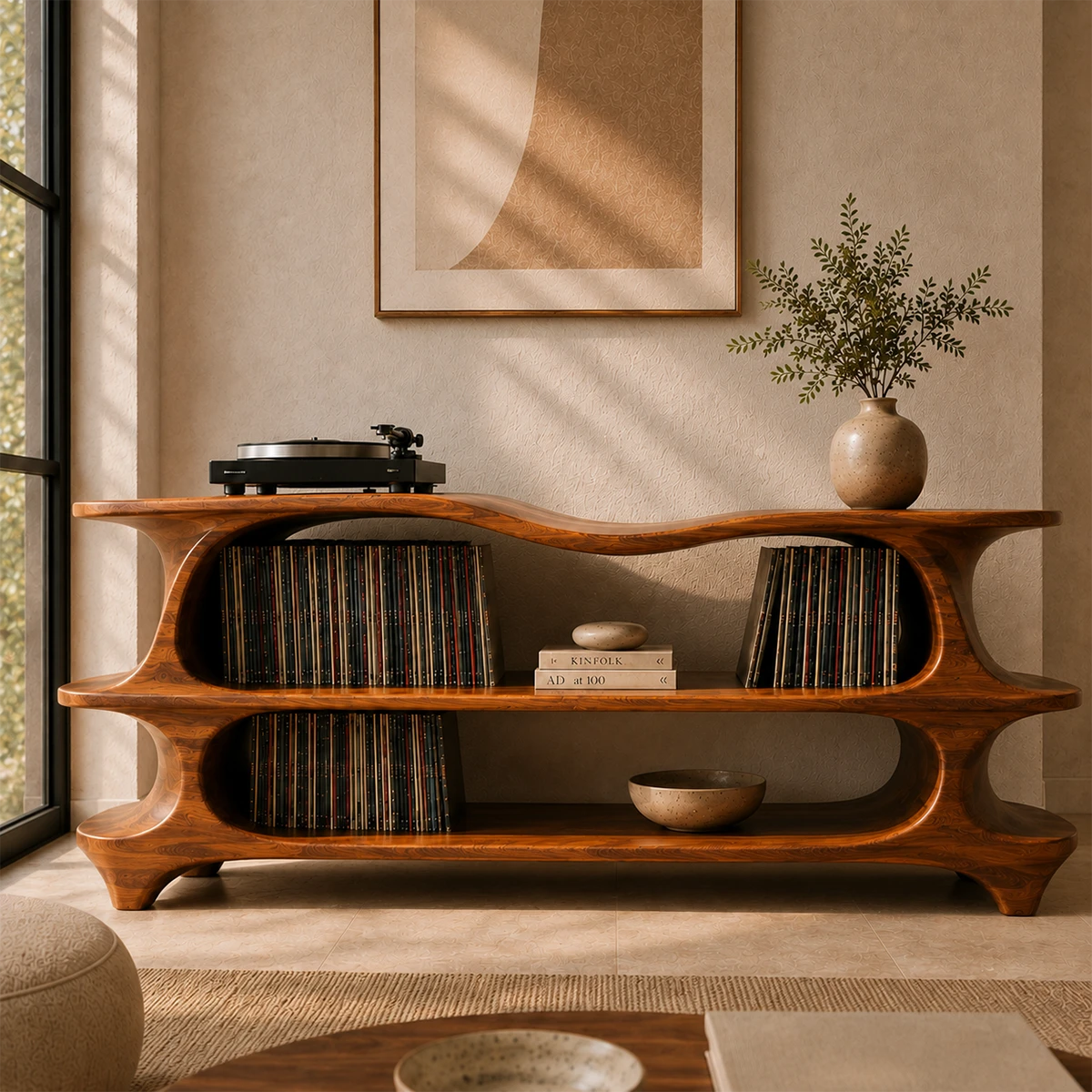 Sculpted Natural Solid Wood Record Player Stand With Flowing Open Shelves - ArborisWood - 14