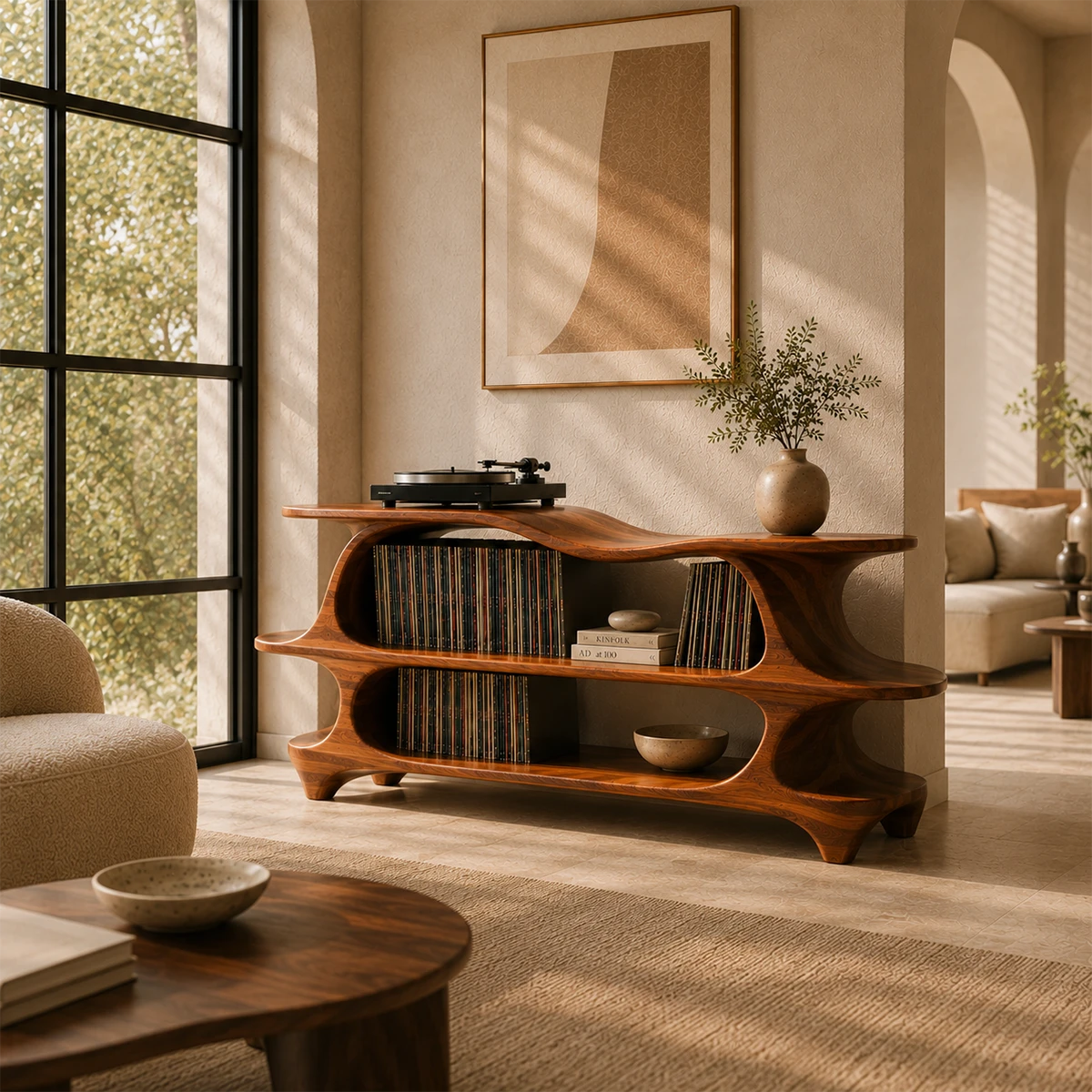 Sculpted Natural Solid Wood Record Player Stand With Flowing Open Shelves - ArborisWood - 2