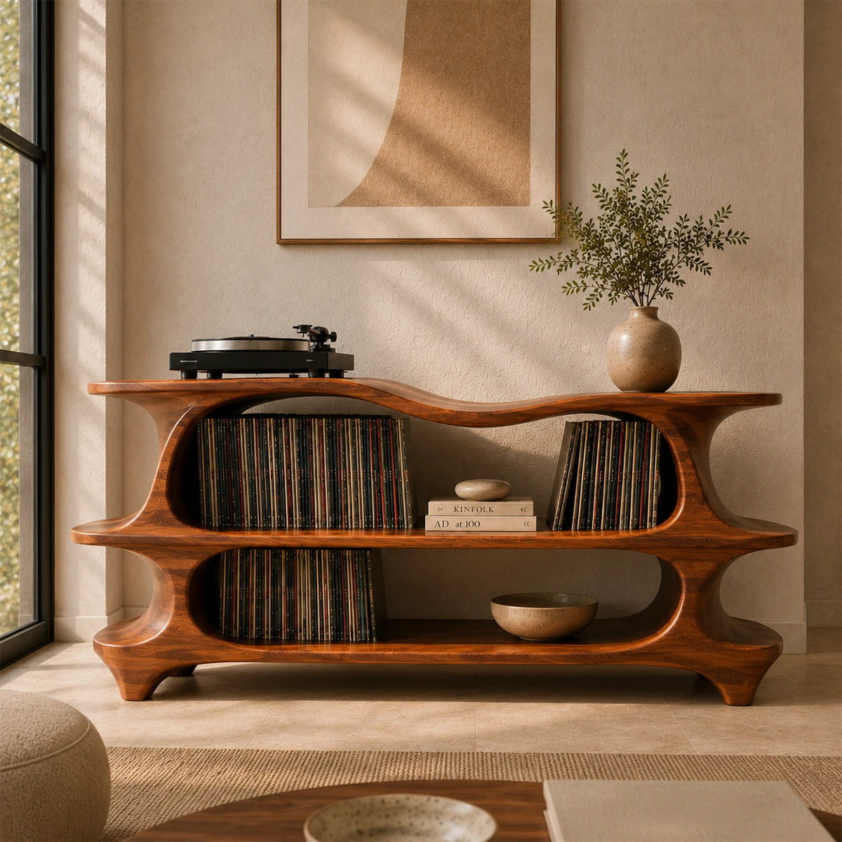 Sculpted Natural Solid Wood Record Player Stand With Flowing Open Shelves - ArborisWood - 3