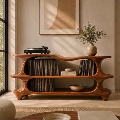 Sculpted Natural Solid Wood Record Player Stand With Flowing Open Shelves - ArborisWood - 3