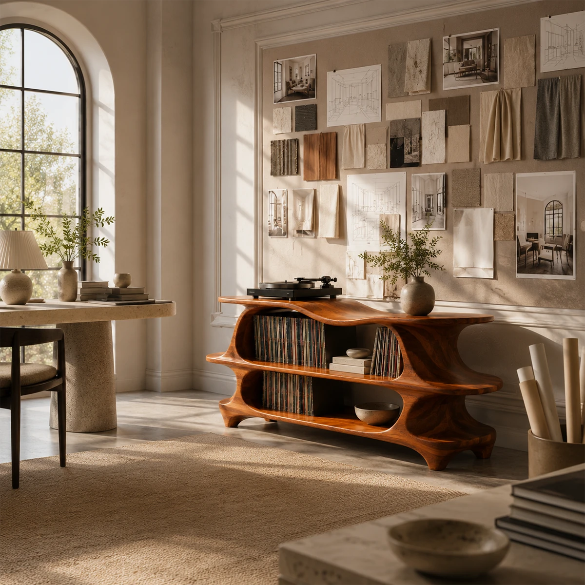 Sculpted Natural Solid Wood Record Player Stand With Flowing Open Shelves - ArborisWood - 4