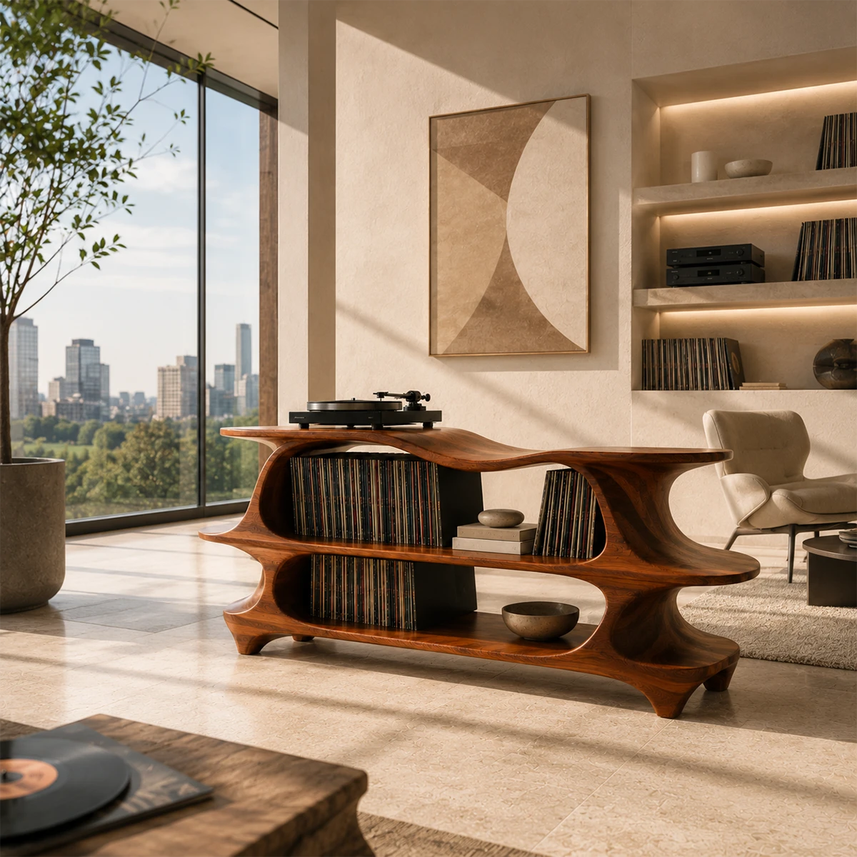 Sculpted Natural Solid Wood Record Player Stand With Flowing Open Shelves - ArborisWood - 5