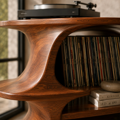 Sculpted Natural Solid Wood Record Player Stand With Flowing Open Shelves - ArborisWood - 6