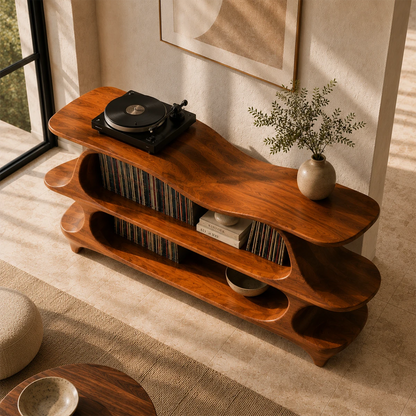Sculpted Natural Solid Wood Record Player Stand With Flowing Open Shelves - ArborisWood - 7