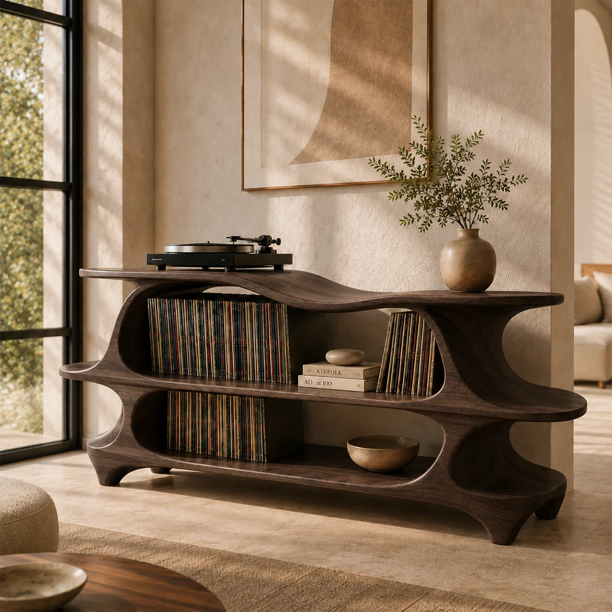 Sculpted Natural Solid Wood Record Player Stand With Flowing Open Shelves - ArborisWood - 8