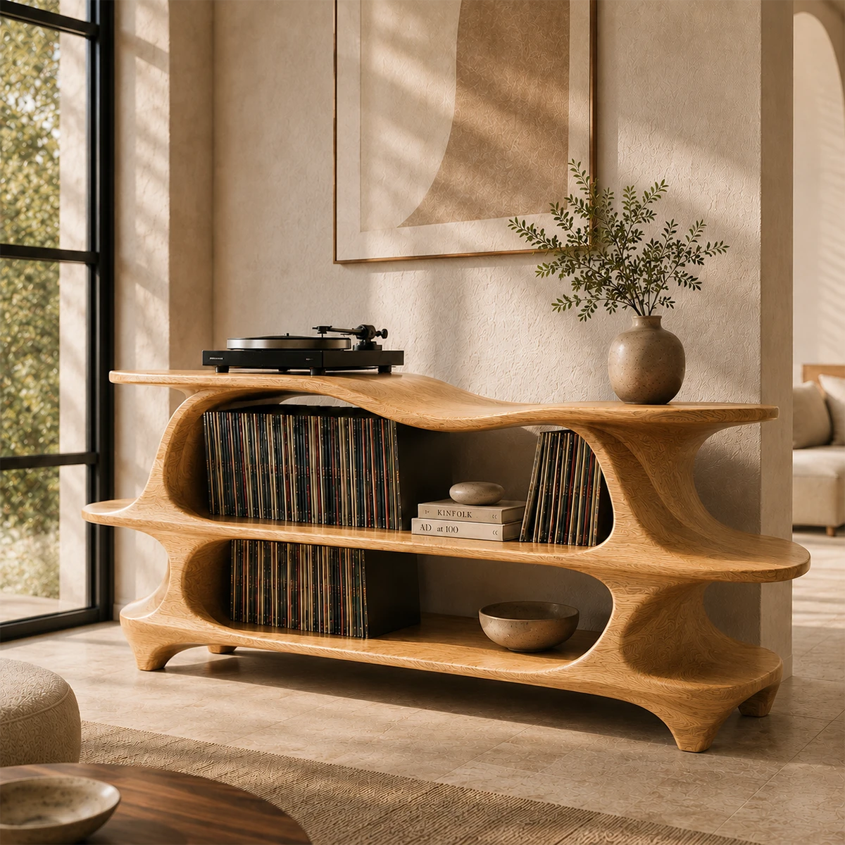 Sculpted Natural Solid Wood Record Player Stand With Flowing Open Shelves - ArborisWood - 9