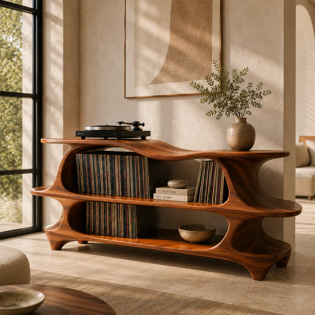 Sculpted Natural Solid Wood Record Player Stand With Flowing Open Shelves - ArborisWood